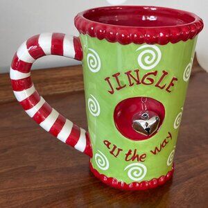 Pier 1 Jingle All the Way Mug Ringing Bell Tall Christmas Coffee Cup Dolomite